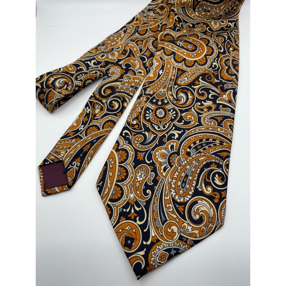 Carducci Mens Silk Paisley Tie Orange Navy Blue Italian Fabric Vintage Classic